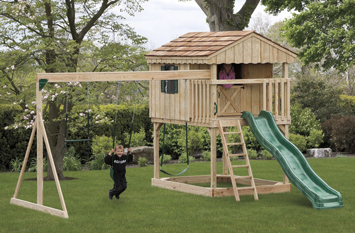 wooden playhouse with swing